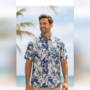 Old Navy Men’s Short Sleeve Shirt L Slim Fit Blue Floral Print Cotton Stretch